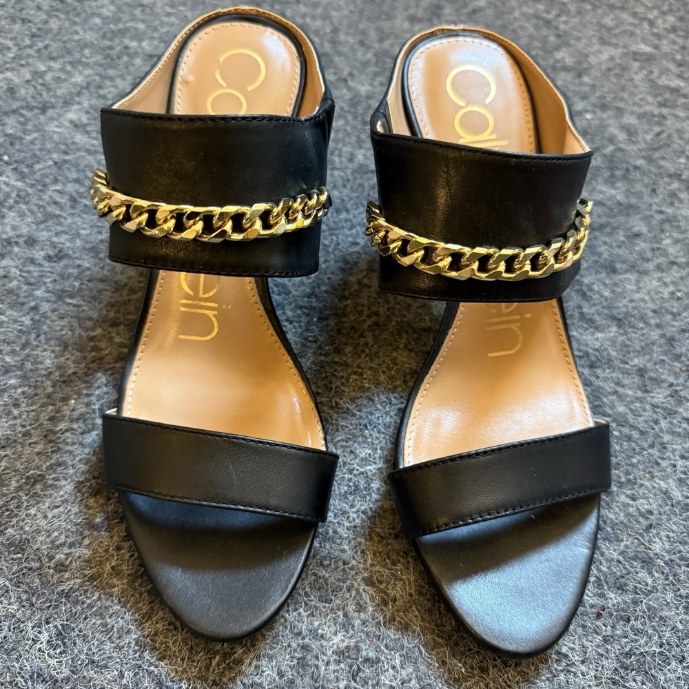 Calvin Klein Lorinda Gold Chain Heels Party Event Going Out Black Leather - Picture 2 of 9
